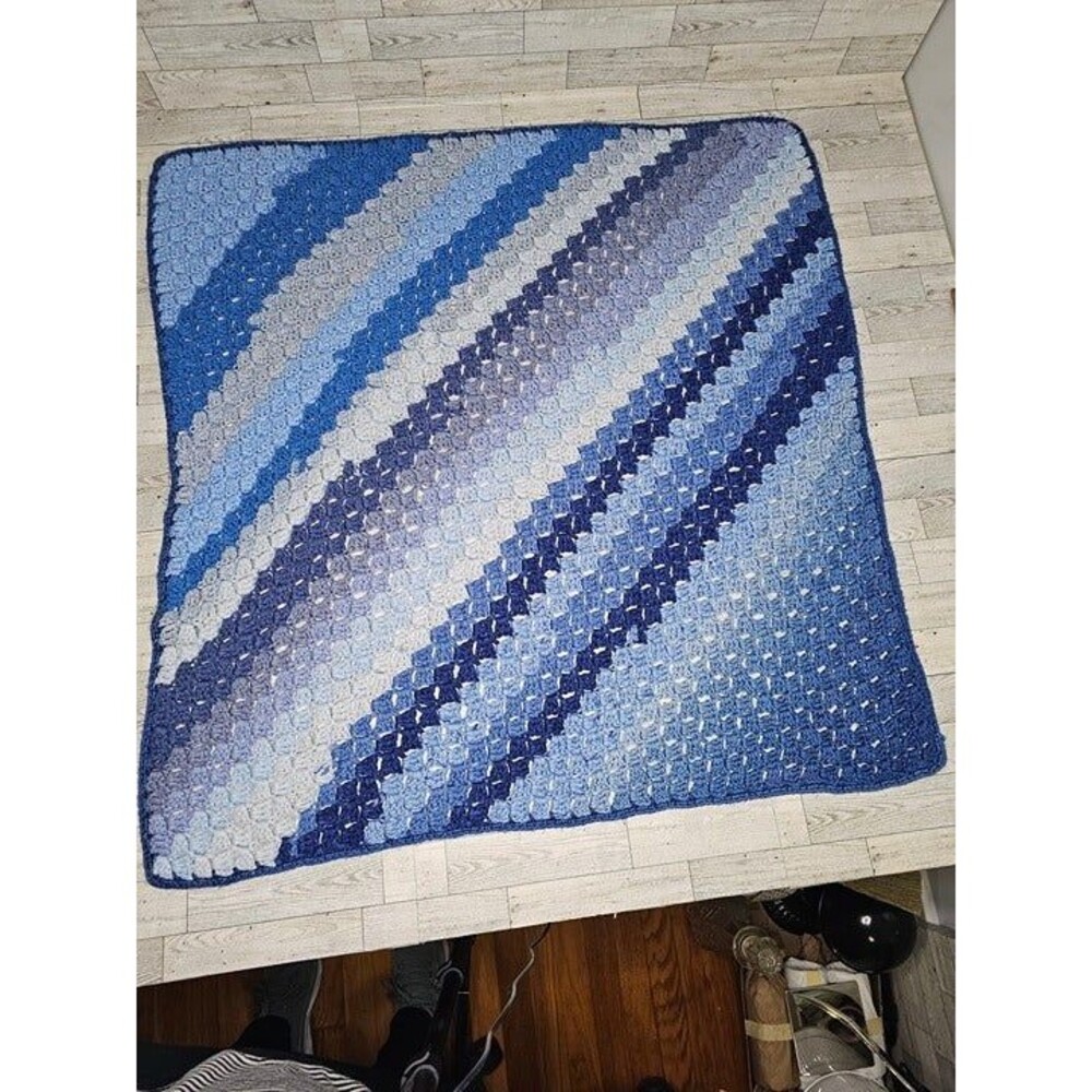 Vintage Handmade Crocheted Baby Blanket Ombre Blue Striped Throw 35"X27"